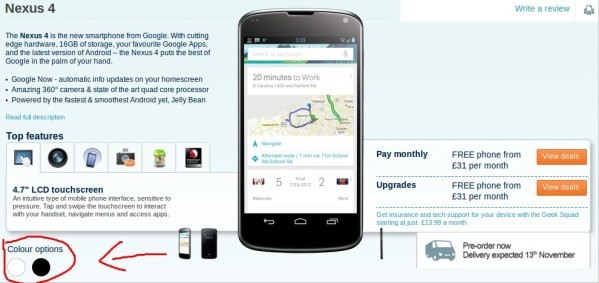 White Nexus 4 leaked at Carphone Warehouse's website?
