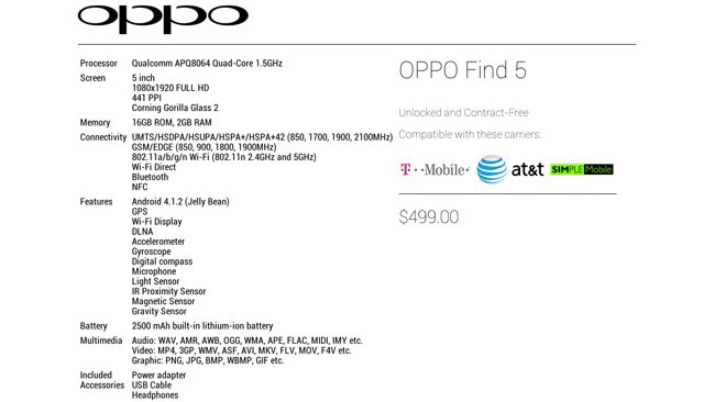 SIM-free Oppo Find 5 will be available in the US for $499