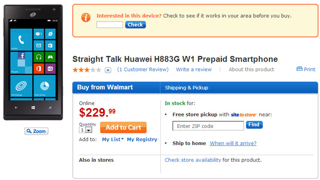Huawei Ascend W1 now available at Walmart for $229.99