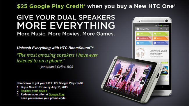 HTC offers a $25 Google Play gift card to U.S. citizens buying HTC One between now and July 15th