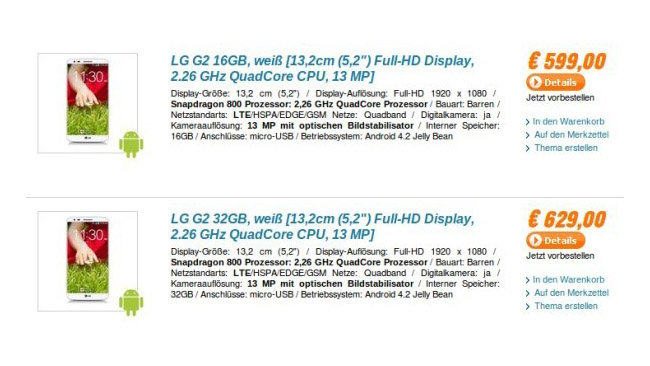 Unlocked LG G2 to sell for 599 EUR in Europe