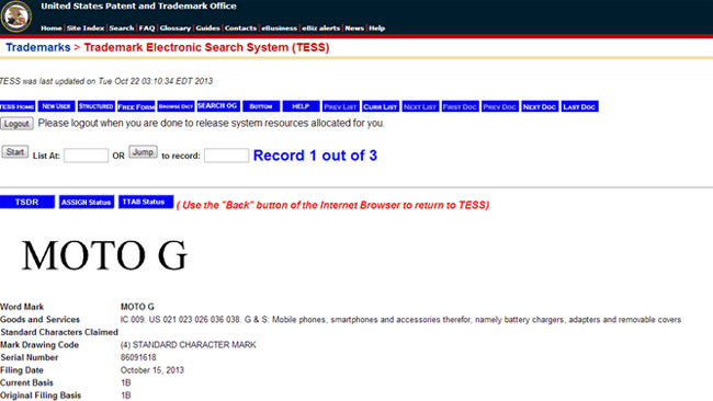Moto G trademark appears at USPTO