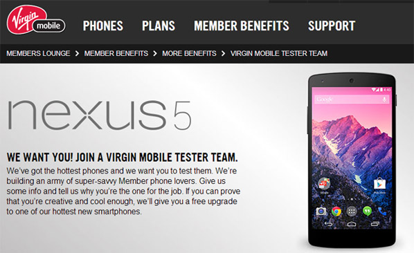 Virgin Mobile giving away five Nexus 5 units to lucky phone testers