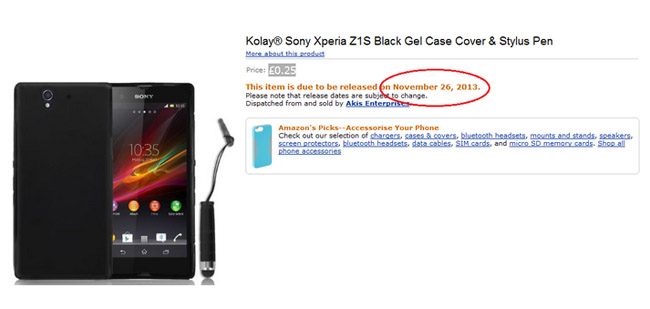 Sony Xperia Z1s case caught at Amazon UK; Launch imminent?