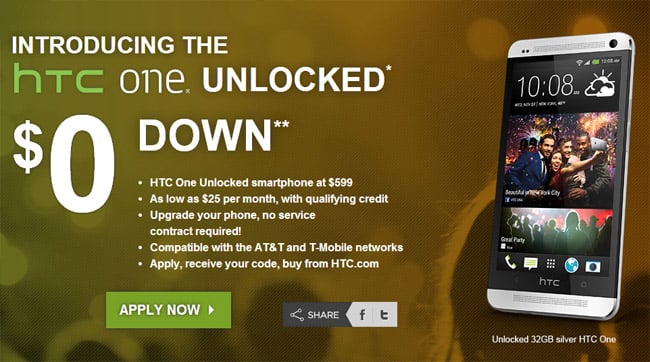Get unlocked HTC One with $0 down 0% interest financing