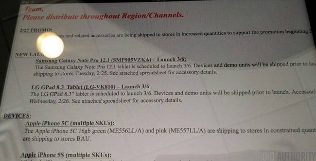 Verizon to launch the Samsung Galaxy NotePro 12.2 and LG G Pad on March 6th?