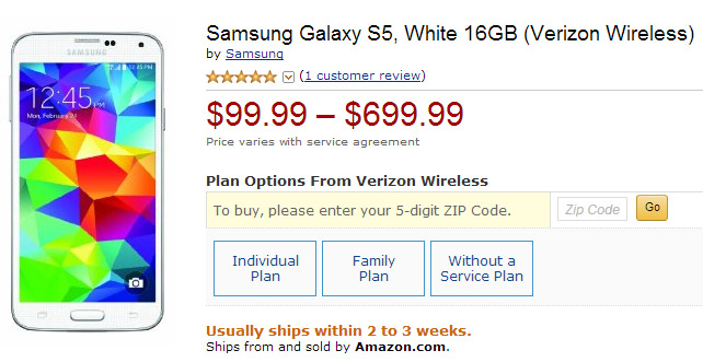 Verizon's Samsung Galaxy S5 now just $99.99 on Amazon!